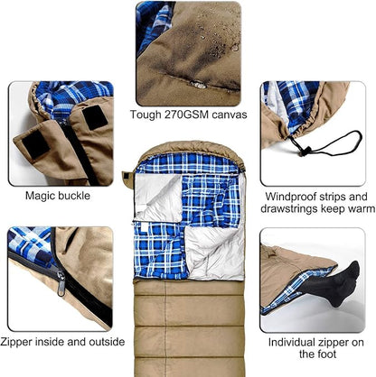 AGEMORE 0 Degree Canvas Sleeping Bag for Fishing, Hunting, Traveling and Camping Particularly in Cold Winter Outdoor with Removable Flannel Liner and Free Compression Sack for Big and Tall Adults