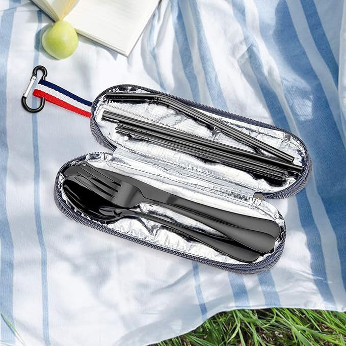Travel Utensils with Case, E-far 8-Piece Reusable Camping Silverware Set, Portable Stainless Steel Cutlery Flatware Set Includes Knife, Fork, Spoon, Chopsticks, Straws, Cleaning Brush (Black)