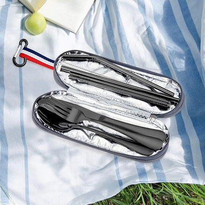 Travel Utensils with Case, E-far 8-Piece Reusable Camping Silverware Set, Portable Stainless Steel Cutlery Flatware Set Includes Knife, Fork, Spoon, Chopsticks, Straws, Cleaning Brush (Black)