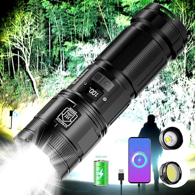 Flashlights High Lumens Rechargeable,Super Bright Flashlight with Tail COB Work Light,Zoom,8 Modes,1.5 Pounds Mid-Size Powerful Tactical Flashlights for Emergencies Camping