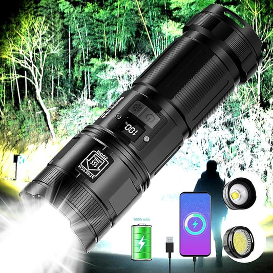 Flashlights High Lumens Rechargeable,Super Bright Flashlight with Tail COB Work Light,Zoom,8 Modes,1.5 Pounds Mid-Size Powerful Tactical Flashlights for Emergencies Camping