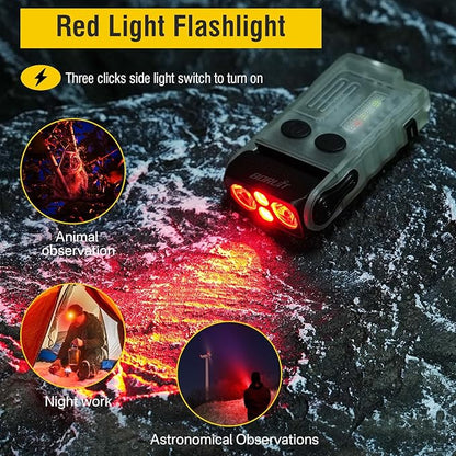 BORUIT V20 Small Powerful Flashlight 1000LM with Red Blue Warm Light, 180° Head Swivels 110dB Buzzer - Mini Keychain Pocket Rechargeable LED Flashlights USB EDC Clip Flash Light