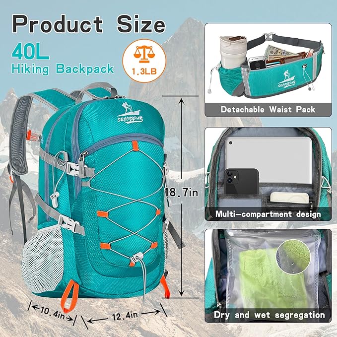 Hiking Backpack Packable 40L Foldable Camping - Lightweight Travel Daypacks Water-resistant Backpacks Outdoor Sports for Men Women (Lake blue)