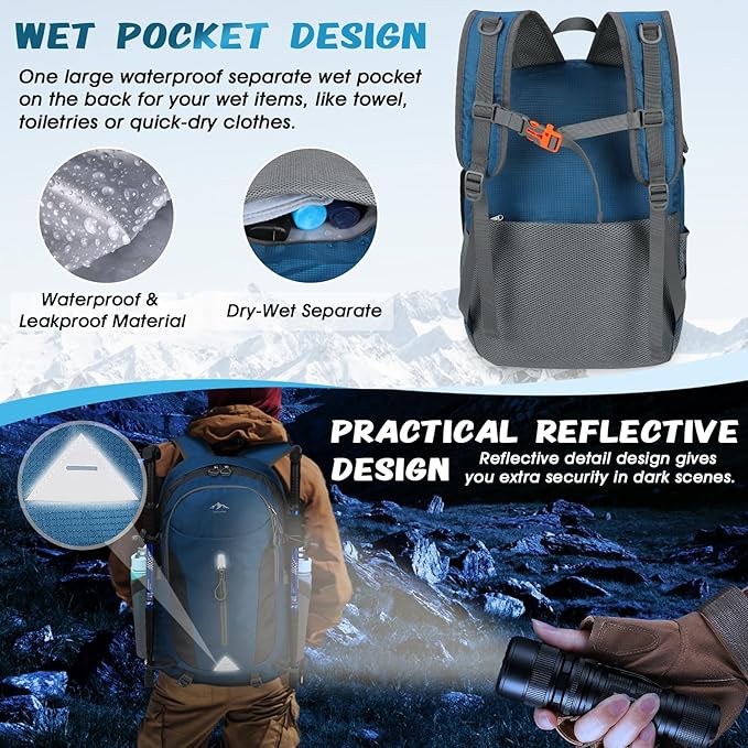 RAINSMORE Hiking Backpack 40L Lightweight Packable Camping Backpack Waterproof Travel Daypack Men Women Hiking Daypack
