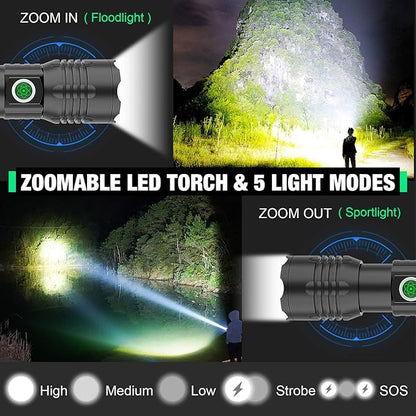 Tactical Flashlight XHP50.2 LED, 8000 Lumens, 5000mAh Battery Included, Rechargeable, Zoomable, Water Resistant, Non-slip grip, Pocket-Sized, Impact resistant, Overcharge protection