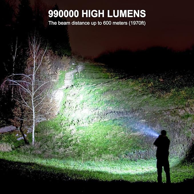 Flashlights High Lumens Rechargeable - 990000 Lumen Super Bright Flashlight with 7 Modes, IPX6 Waterproof Mid-Size LED Flash Light for Home, Camping, Hiking