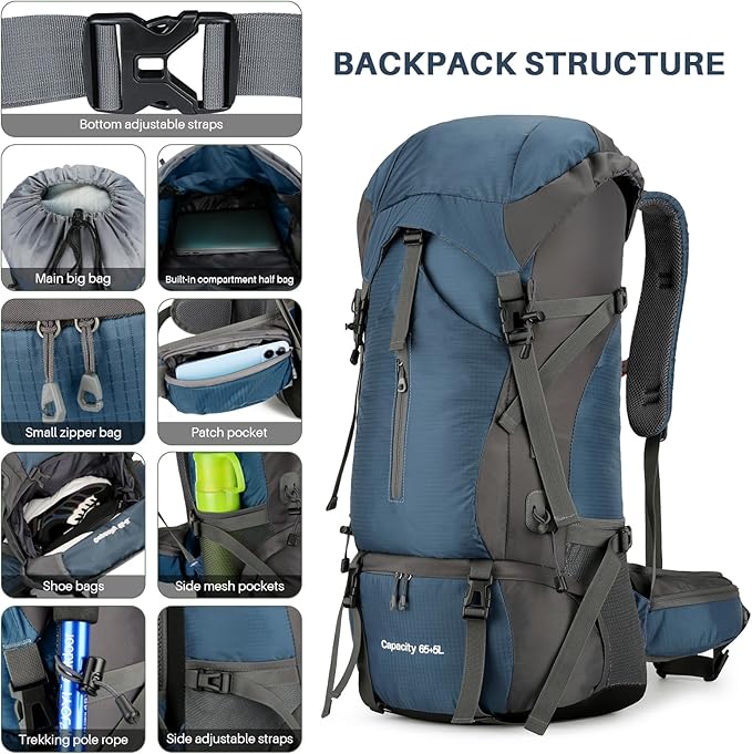 OKYUK 70L Hiking Backpack, Camping Hiking Back Pack, Water Resistant Lightweight Mountain Climbing Bag, Outdoor Camping Sport Daypack with Rain Cover, for Travel, Touring, Cycling (Navy Blue, 70L)