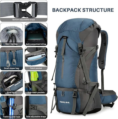 OKYUK 70L Hiking Backpack, Camping Hiking Back Pack, Water Resistant Lightweight Mountain Climbing Bag, Outdoor Camping Sport Daypack with Rain Cover, for Travel, Touring, Cycling (Navy Blue, 70L)