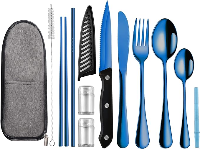 Portable Travel Utensils Set,Reusable Utensils,Travel Camping Cutlery Set,Stainless Steel Flatware Set with Case,Lunch Boxes Workplace Camping School Picnic (Blue)