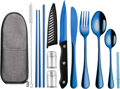 Portable Travel Utensils Set,Reusable Utensils,Travel Camping Cutlery Set,Stainless Steel Flatware Set with Case,Lunch Boxes Workplace Camping School Picnic (Blue)