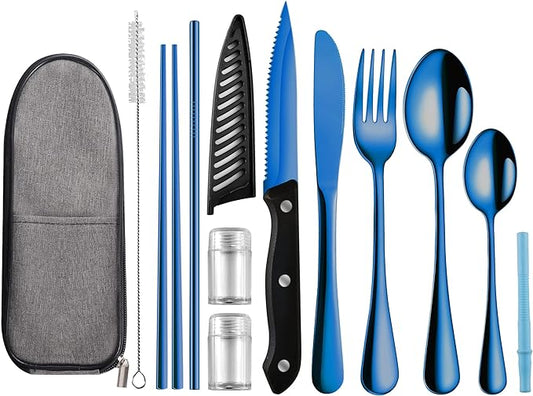 Portable Travel Utensils Set,Reusable Utensils,Travel Camping Cutlery Set,Stainless Steel Flatware Set with Case,Lunch Boxes Workplace Camping School Picnic (Blue)