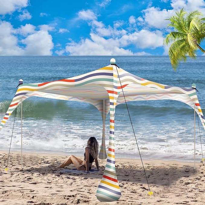 Buheco Beach Tent Pop Up Shade 10x10ft Beach Canopy Sun Shelter UPF50+ with 4 Foldable Poles-Portable Carrying Bag-Sand Shovel-Ground Pegs-Windproof Ropes for Outdoor Family Camping-Fishing- Picnic