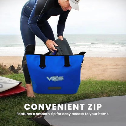 VOS Waterproof Premium Dry Bag – All-purpose Tote Bag with Zip Pocket (Blue) - Keep Your Gear & Personal Items Dry During Hiking, Camping, and Water Sports