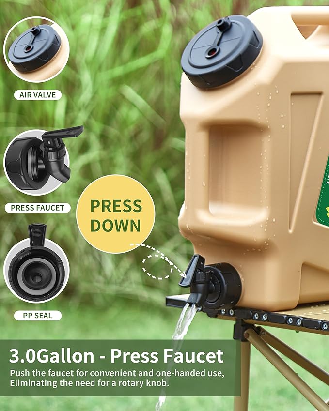 3.5 Gallon Water Jug, Overlanding Gear Water Containers Spigot, Camping Essential Truly Leak-Proof Press Faucet Green Water Tank,BPA Free Portable Emergency Water Storage for Outdoors Hiking RV