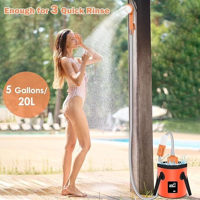 Portable Shower for Camping, Rechargeable Camping Shower Pump with 5 Gallons Collapsible Bucket & LED Light, Electric Outdoor Camp Shower Portable Shower Pump Camping Hiking (5.9 ft Hose)
