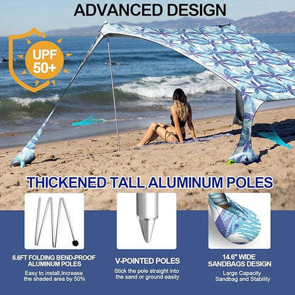 Buheco Beach Tent Pop Up Shade 10x10ft Beach Canopy Sun Shelter UPF50+ with 4 Foldable Poles-Portable Carrying Bag-Sand Shovel-Ground Pegs-Windproof Ropes for Outdoor Family Camping-Fishing- Picnic