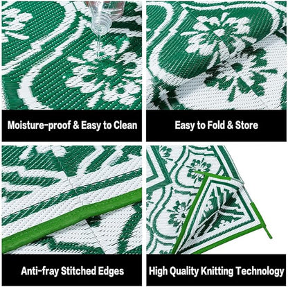 Outdoor Rug 8x10 Patio Waterproof Mat Camping Carpet Outside Area Rug Reversible Green Rugs for RV Deck Entryance Porch Picnic Balcony Beach
