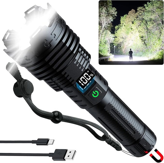 Rechargeable Flashlights High Lumens LED: 990,000 Lumens Bright Powerful Tactical Flash Light with Magnetic Base, Digital Display, 5 Modes, IPX6 Waterproof Torch for Camping Emergencies