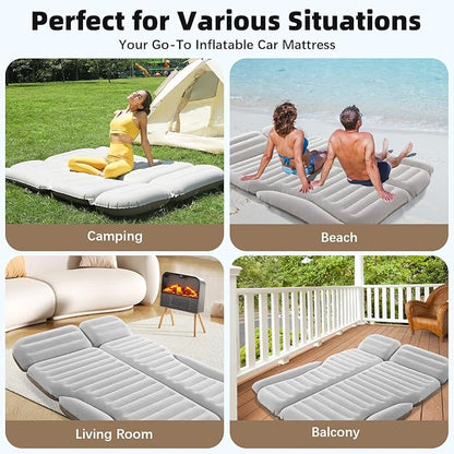 KMZ SUV Air Mattress Double Sided Thickened Flocking Car Bed – Portable Inflatable Mattress Pad for Camping & Travel with 2 Pillows & Electric Pump (Off-White and Coffee)