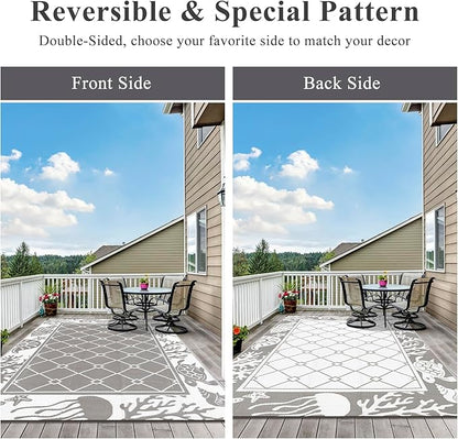 Vaukki Reversible Rugs, Plastic Straw Outdoor Doormat, Fade Resistant Plastic Outdoor Patio Mat, Lightweight Ocean Area Carpet for Patio, RV, Camping, Beach, Deck, Backyard and Picnic (Grey, 6'x9')