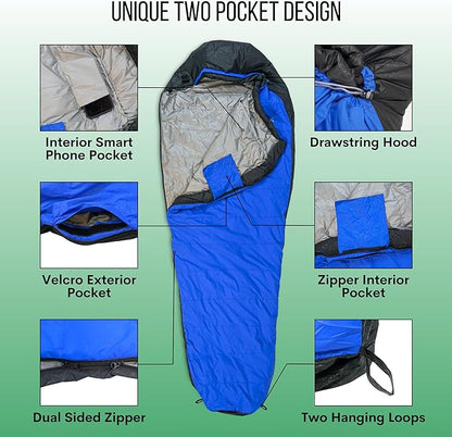 Duck Down Mummy Sleeping Bag for Adults – Cold & Warm Weather Sleeping Bags – Lightweight, Compact & Portable Camping – Sleep Bag for Hiking & Backpacking – Compression Carrying Bag