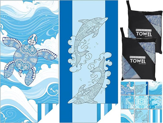 FISHEAL Lightweight Quick Dry Beach Towel - 2 Pack 71"x32" Extra Large Microfiber Sand Free Absorbent Thin Blanket Towels Travel Camping Beach Essential for Men Women Vacation Gift