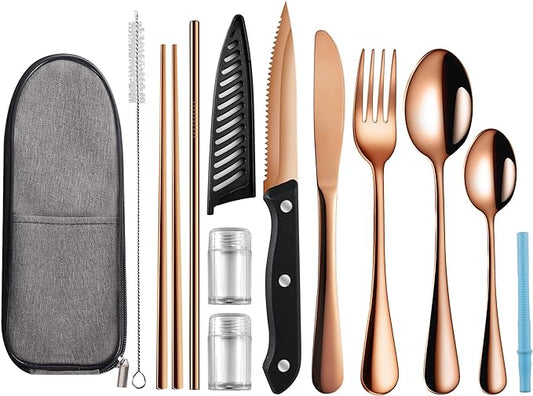 Portable Travel Utensils Set,Reusable Utensils,Travel Camping Cutlery Set,Stainless Steel Flatware Set with Case,Lunch Boxes Workplace Camping School Picnic (Rose Gold)