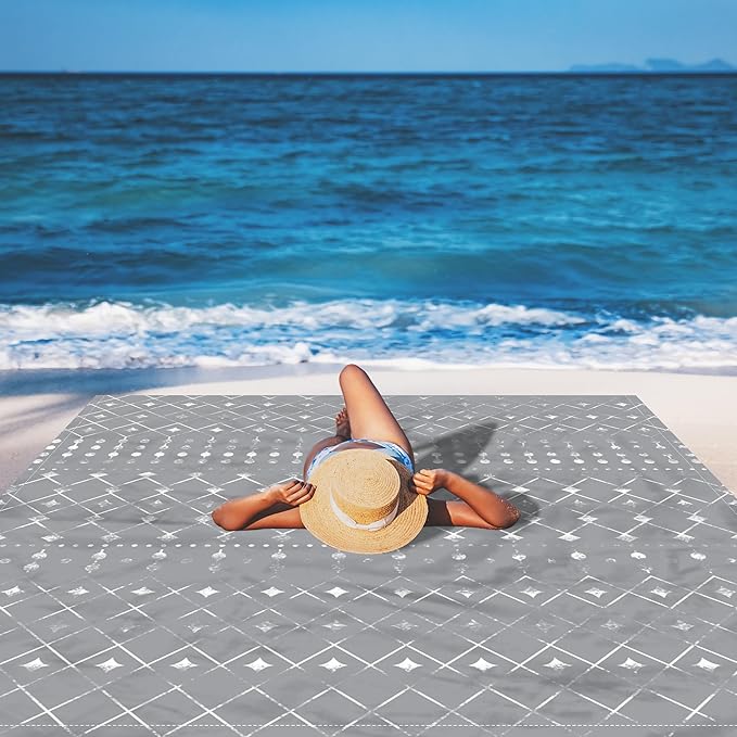 Extra Large Beach Blanket Sandproof, 110''×118'' Outdoor Beach Mat Sand Free Waterproof for 8 Adults, Polyester Lightweight Foldable Grey Geometry Picnic Blanket for Travel, Camping, Hiking