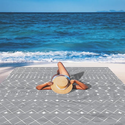 Extra Large Beach Blanket Sandproof, 110''×118'' Outdoor Beach Mat Sand Free Waterproof for 8 Adults, Polyester Lightweight Foldable Grey Geometry Picnic Blanket for Travel, Camping, Hiking
