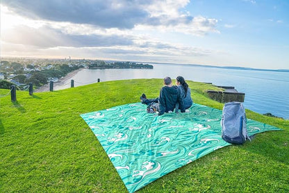 WEKAPO Beach Blanket Waterproof Sandproof Oversized Extra Large Sand Free Beach Mat with Stakes, Storage Bag - Essentials for Outdoor Beach, Picnic (Turquoise Ocean Waves, 11 X 9 FT (1~10 Person))