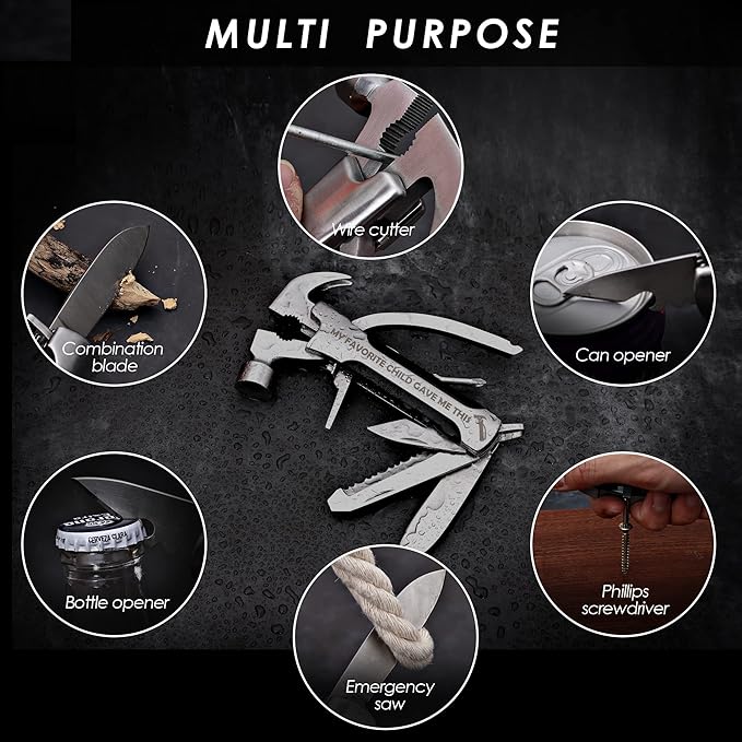 Fathers Gifts for Dad from Daughter Son MY FAVORITE CHILD GAVE ME THIS Hammer Multitool Camping, 12 In 1 Pocket Multi Survival Tools Cool Gadgets Christmas Birthday Gifts for Men Dad boyfriend
