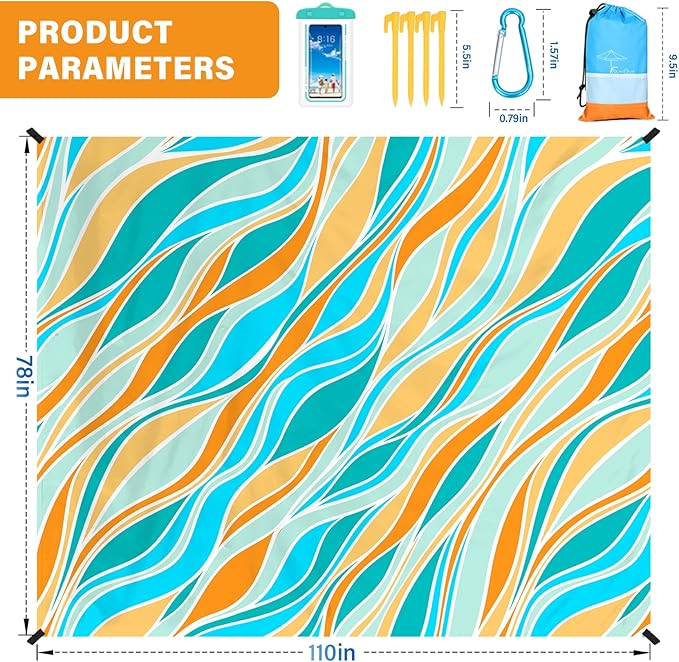 Beach Blanket Oversized Extra Large78 X 110",Waterproof Sandproof Beach Blanket 2-8 Adults Lightweight Durable for Travel Camping Hiking Picnic