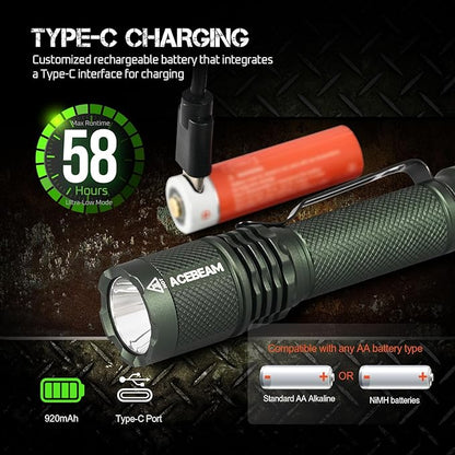 ACEBEAM TAC AA Tactical EDC Flashlight, 1000 High Lumens Flashlight Rechargeable, 280 Meters Long Range throw Pocket LED Flashlight, Super Bright Small Mini Flashlight for Camping, Emergency, Home
