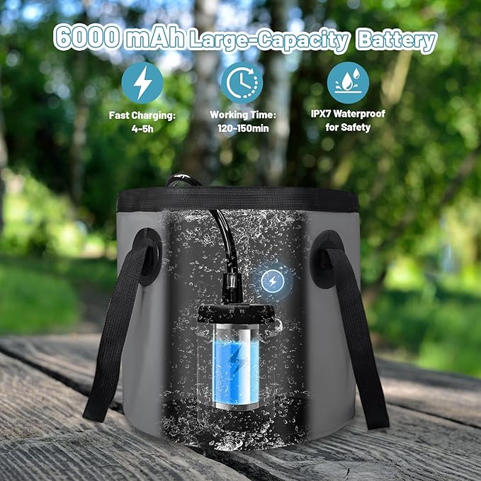 Portable Camping Shower, 6000mAh Rechargeable Electric Shower Pump with 20L Foldable Bucket, Outdoor Shower Kit for Camping, Beach, Hiking, RV Travel, Pet Bath, Car Washing