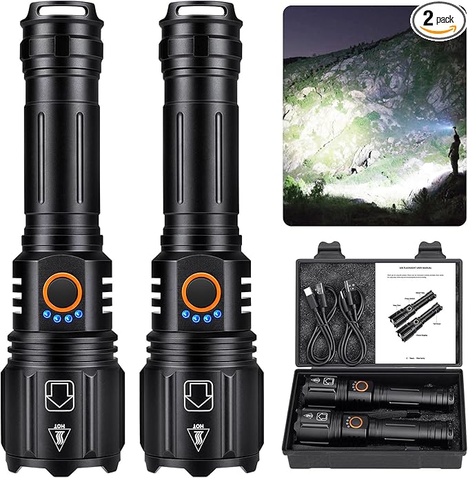 LED Flashlights High Lumens Rechargeable, 2 Pack 990,000 Lumen Super Bright Flashlights with 5 Modes, IPX7 Waterproof Powerful Handheld Flash Light for Camping Outdoor Home Emergency