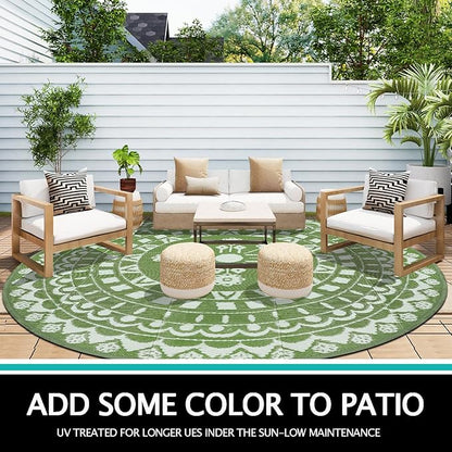 Capslpad 8Ft Round Outdoor Rug for Patios Clearance Reversible Mat Plastic Straw Patio Rugs Lightweight RV Camping Mat Circle Outside Area Rug Carpet for Balcony Deck Trailer Picnic BBQ,Green
