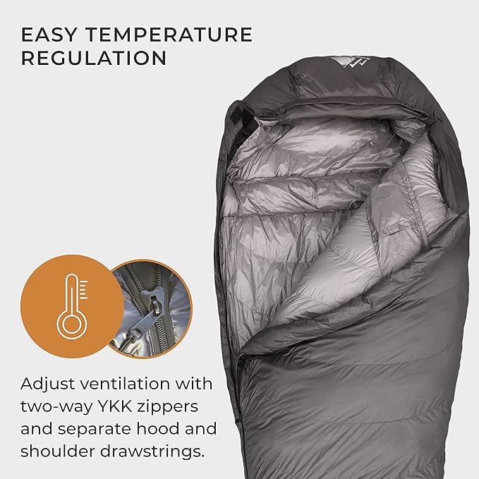 Hyke & Byke Katahdin 15 F Hiking & Backpacking Sleeping Bag - 4 Season, 625FP Ultralight Sleeping Bag - Water Resistant - Charcoal Gray - Long