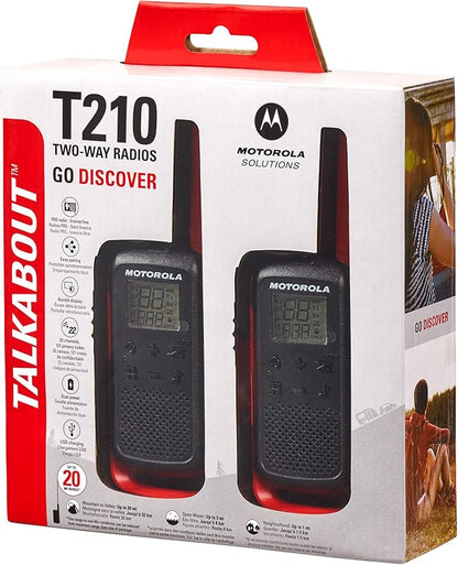 Motorola Solutions, Portable FRS, T210, Talkabout, Two-Way Radios, Rechargeable, 22 Channel, 20 Mile, Black W/Red, 2 Pack