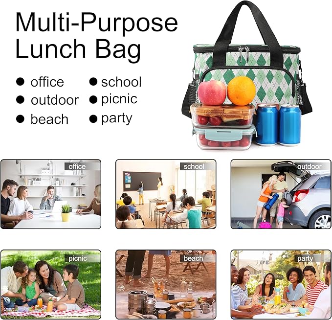 Femuar Lunch Bags for Women/Men, Insulated Lunch Bag for Work Office - Lunch Cooler Bag Leakproof Lunch Box with Adjustable Shoulder Strap - Green plaid