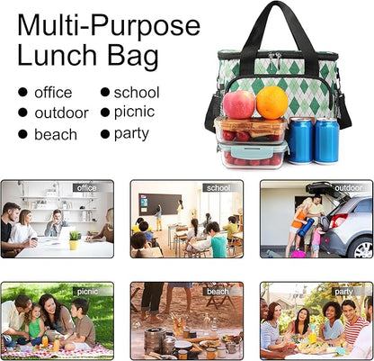 Femuar Lunch Bags for Women/Men, Insulated Lunch Bag for Work Office - Lunch Cooler Bag Leakproof Lunch Box with Adjustable Shoulder Strap - Green plaid