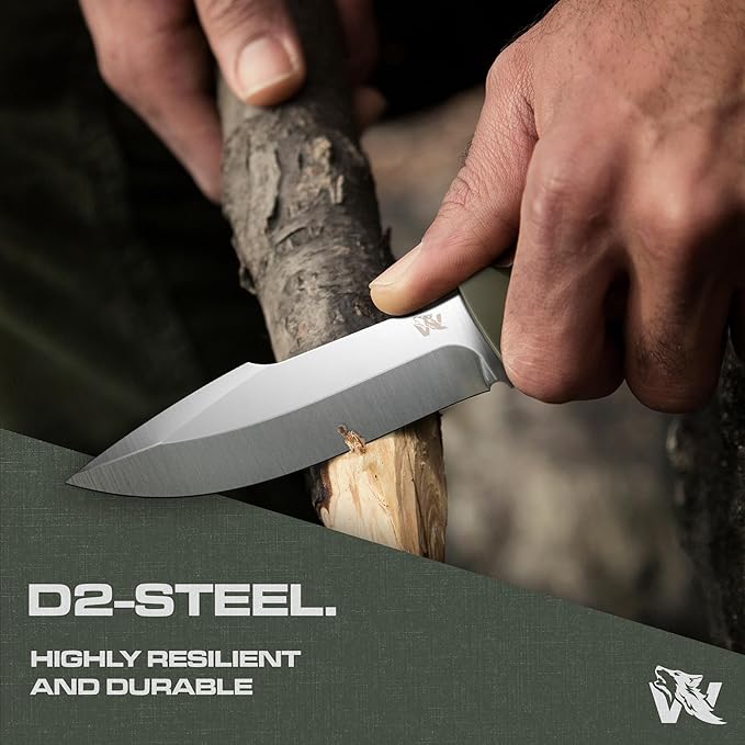WOLF-III Full Tang Survival Knife with Fire Starter and Sheath - Stylish Tactical Fixed Blade Knife - Made of D2 Steel - Bushcraft and Camping Knife - With Belt Loop, Plug Lock & Multi Lok