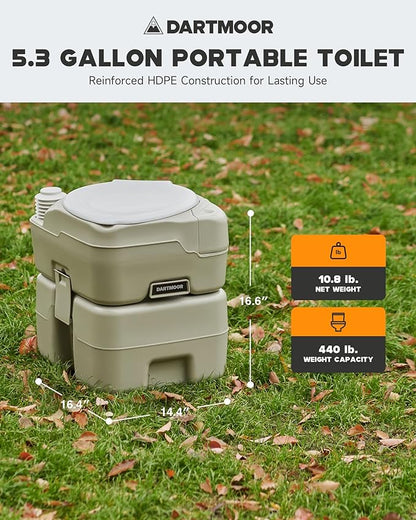 DARTMOOR Portable Toilet, 5.3 gal. RV Toilet for Camping, Outdoor Toilet with Diagonal Seating Storage Box & Built-in Handle, Lightweight HDPE Camping Toilet for Construction Site Road Trip Boating