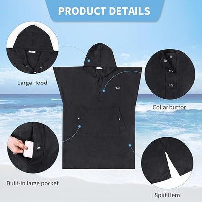 Tirrinia Hooded Surf Poncho Changing Towel Summer Swim Robe with Pocket, Quick Dry Towel Hoodie for Surfing Swimming Diving Men Women