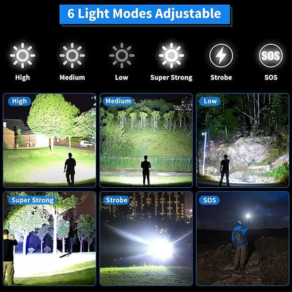 Super Bright Rechargeable Flashlight 1200000 High Lumens,Led Powerful Flashlights with 6 Modes,High Powered Flashlight with IP67 Waterproof,Tactical Emergency Flashlight (18.5, Watt Hours) (Tactical)