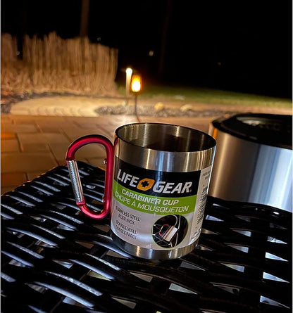Life Gear Stainless Steel Double Walled Mug with Carabiner Handle - Portable Rockclimbing, Hiking, Backpacking or Camping Travel Cup 10 oz
