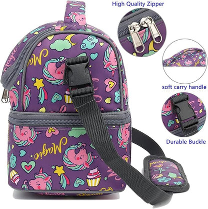 FlowFly Double Decker Cooler Insulated Lunch Bag Large Tote for Boys, Girls, Men, Women, With Adjustable Strap (Purple-Unicorn)