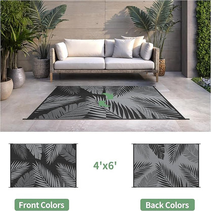 Outdoor Rug 4' x 6' for Patio Waterproof Clearance, Reversible Indoor Outdoor Plastic Straw Camping Rug Carpet, RV Mat, Large Area Rug for Deck, Backyard, Balcony, Porch, Beach, Black and Grey
