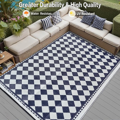 Outdoor Waterproof Rug 8'x10' Plastic Straw Rugs Washable Reversible Floor Mat Blue Plaid Carpet for Camping RV Deck Entryance Porch Picnic Balcony Beach Backyard