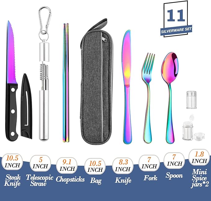 Hommaly Portable Travel Reusable Utensils Silverware with Case,Camping Cutlery set,Chopsticks and Straw Flatware, Stainless steel Utensil set (Rainbow) U