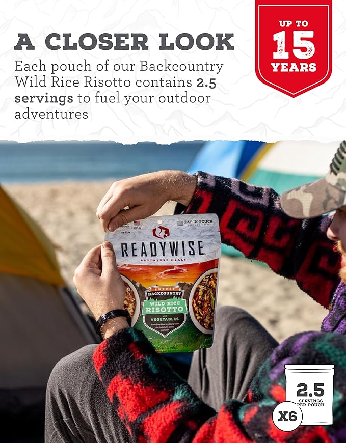 READYWISE - Adventure Meal, Wild Rice Risotto, 15 Servings Total, Pack of 6, Emergency Preparedness, Freeze Dried Food, MRE, Snack Pack or Emergency Food, Backpacking, Camping, Hiking, and, Survival